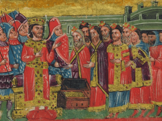 14de eeuws miniatuur: rabbijnen bieden goud en zilver aan Alexander de Grote