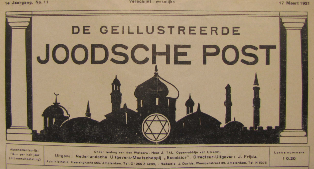 getekende kop in zwart/wit met kerktorens en een davidsstervan de geillustreerde Joodsche Post uit 1921