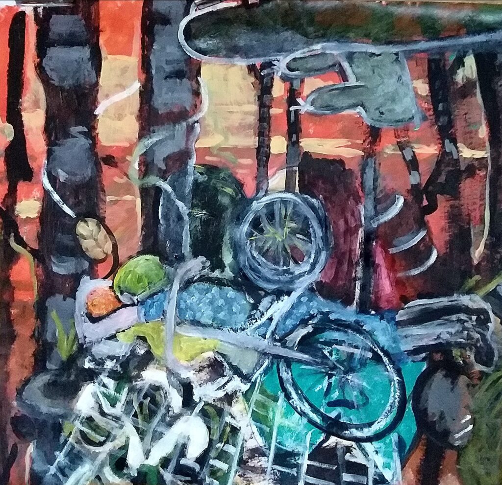schilderij in vele kleuren met rechtsboven vliegtuig en midden-onder een fiets met twee kinderen ronder