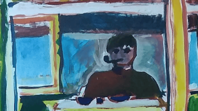 man terras cover schilderij met blauw en groen en man met pijp