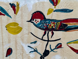 schilderij in primitive stijl van vogeltje op tak